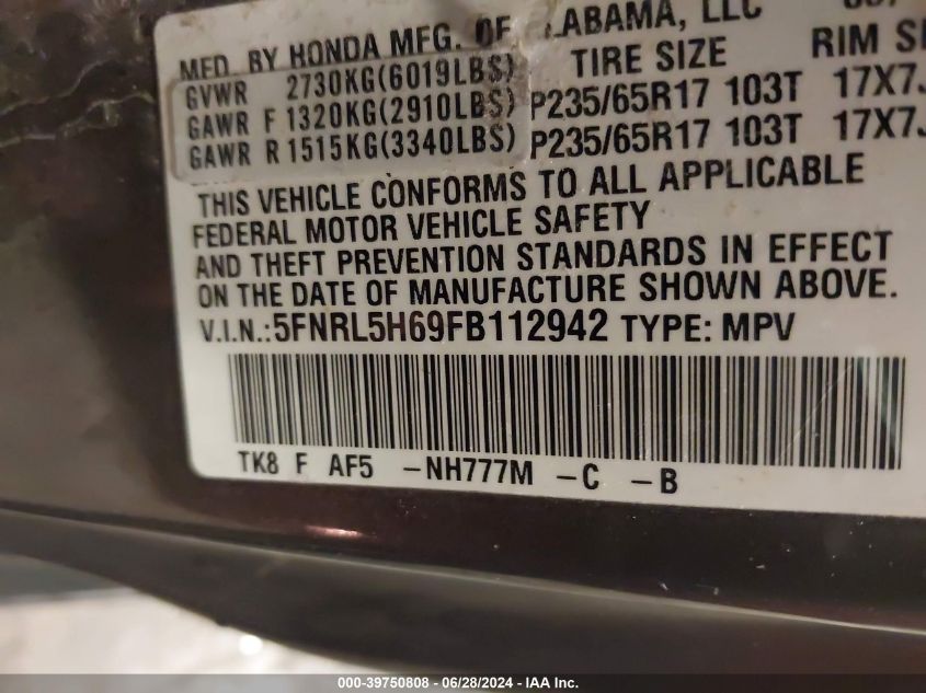 2015 Honda Odyssey Ex-L VIN: 5FNRL5H69FB112942 Lot: 39750808