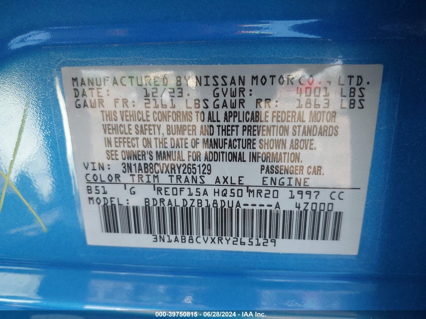VIN 3N1AB8CVXRY265129 2024 NISSAN SENTRA SV