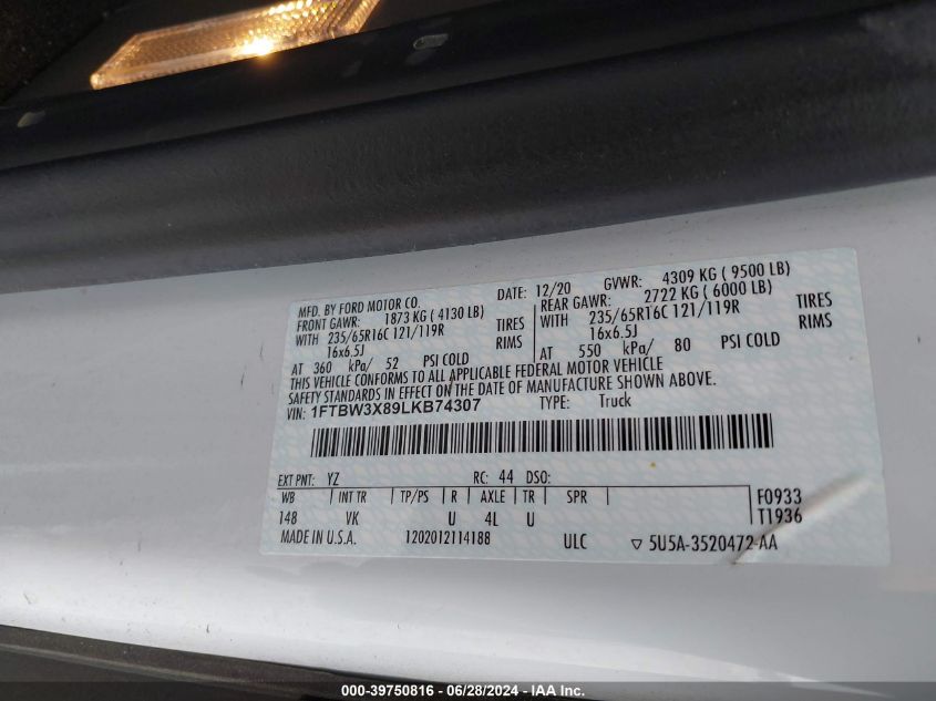 2020 Ford Transit-350 Cargo Van VIN: 1FTBW3X89LKB74307 Lot: 39750816