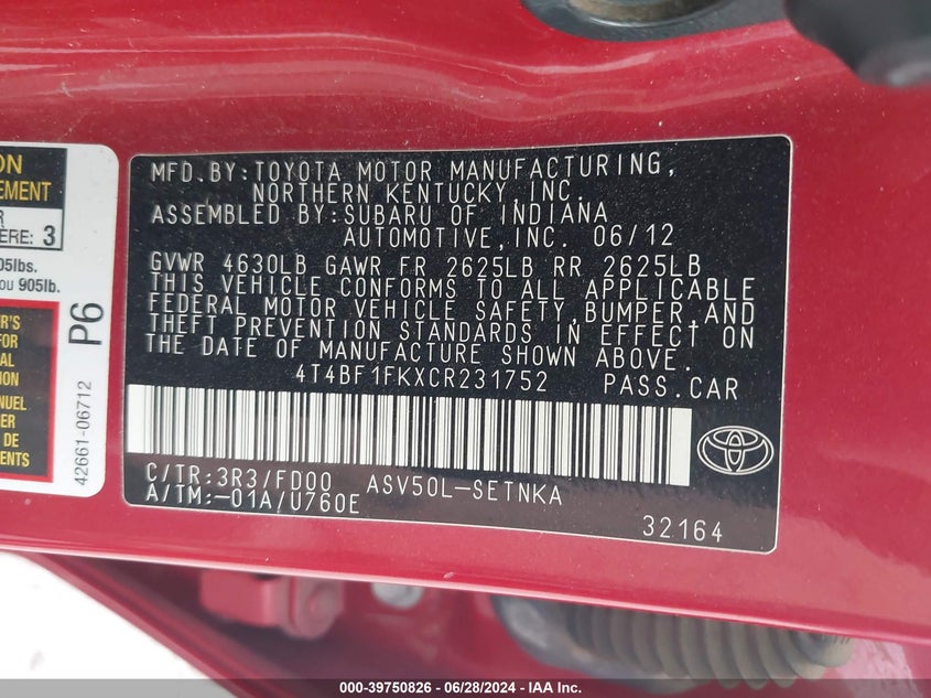 2012 Toyota Camry Se/Le/Xle VIN: 4T4BF1FKXCR231752 Lot: 39750826