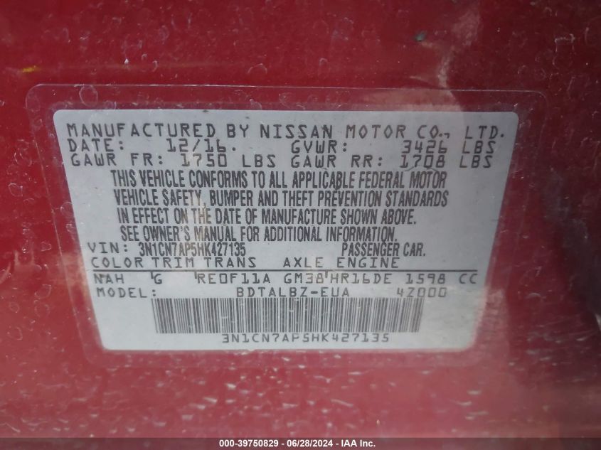 2017 Nissan Versa 1.6 Sv VIN: 3N1CN7AP5HK427135 Lot: 39750829