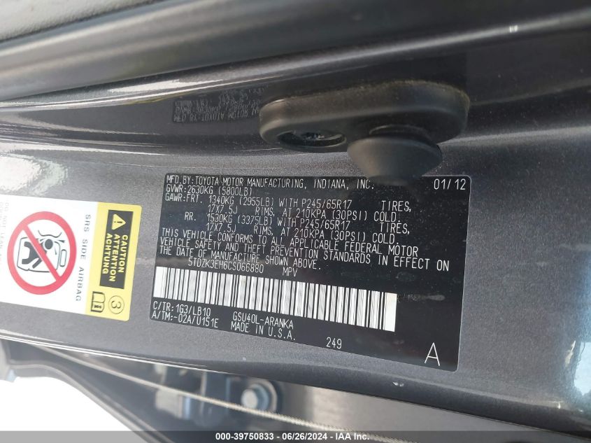 2012 Toyota Highlander Se V6 VIN: 5TDZK3EH6CS066880 Lot: 39750833