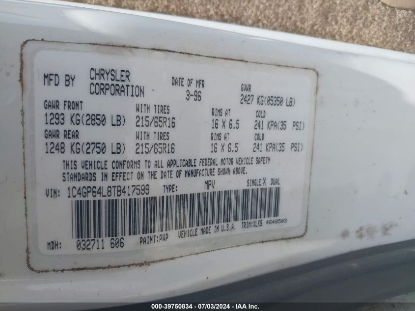 1996 Chrysler Town & Country Lxi VIN: 1C4GP64L8TB417599 Lot: 39750834