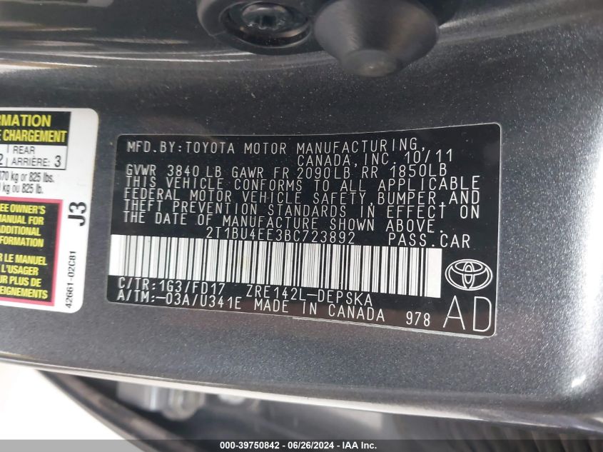 2011 Toyota Corolla S VIN: 2T1BU4EE3BC723892 Lot: 39750842