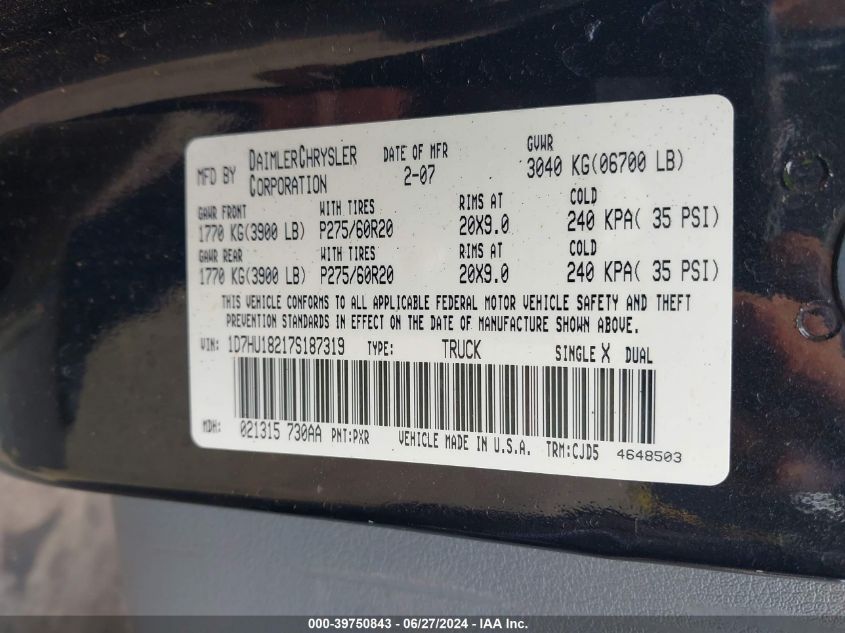 2007 Dodge Ram 1500 Slt/Trx4 Off Road/Sport VIN: 1D7HU18217S187319 Lot: 39750843