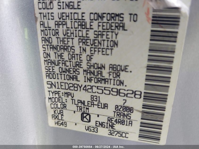 2002 Nissan Xterra Xe/Se VIN: 5N1ED28Y42C559628 Lot: 39750854