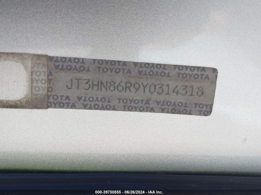 2000 Toyota 4Runner Sr5 V6 VIN: JT3HN86R9Y0314318 Lot: 39750855