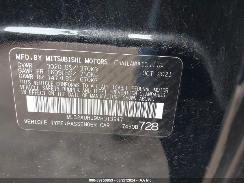 2021 Mitsubishi Mirage Es/Le/Carbonite Edition VIN: ML32AUHJ9MH013947 Lot: 39750859