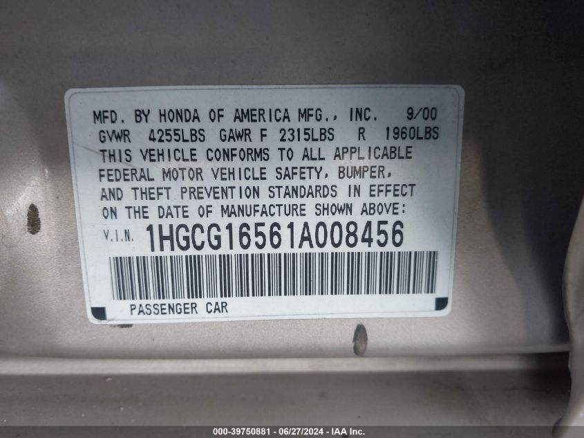 2001 Honda Accord Ex VIN: 1HGCG16561A008456 Lot: 39750881