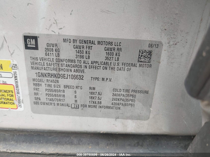 2014 Chevrolet Traverse 2Lt VIN: 1GNKRHKD9EJ106632 Lot: 39750899