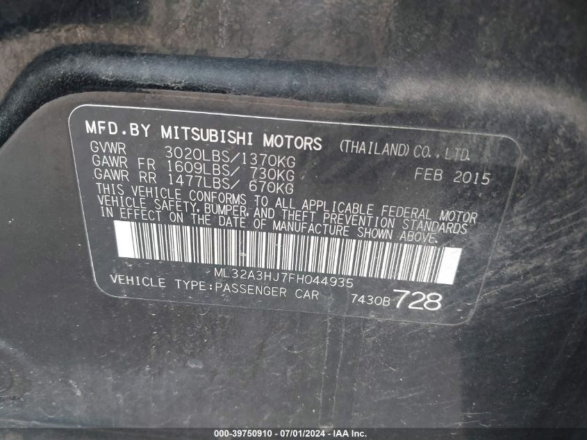 2015 Mitsubishi Mirage De VIN: ML32A3HJ7FH044935 Lot: 39750910