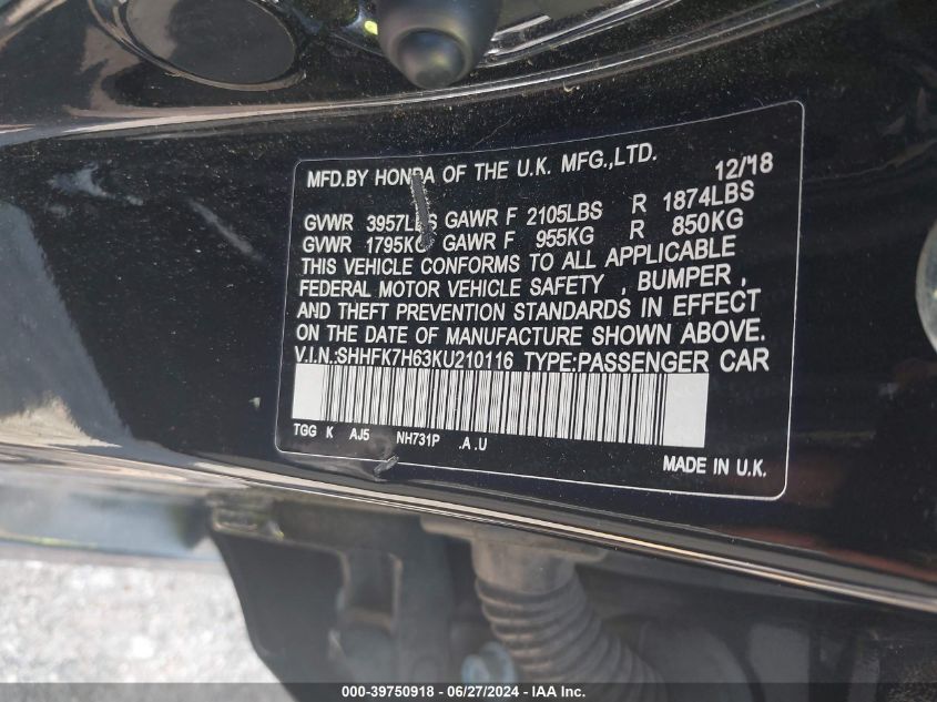 2019 Honda Civic Ex VIN: SHHFK7H63KU210116 Lot: 39750918