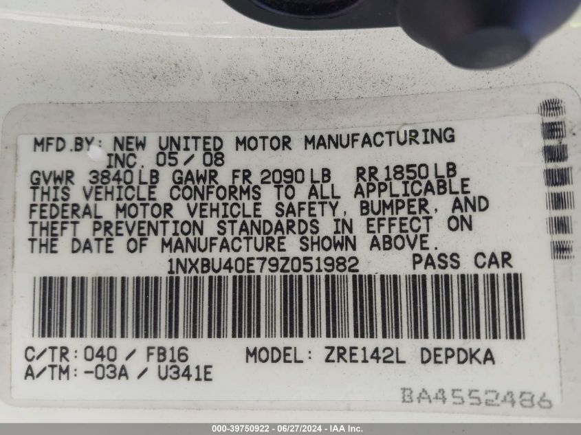 2009 Toyota Corolla Le VIN: 1NXBU40E79Z051982 Lot: 39750922