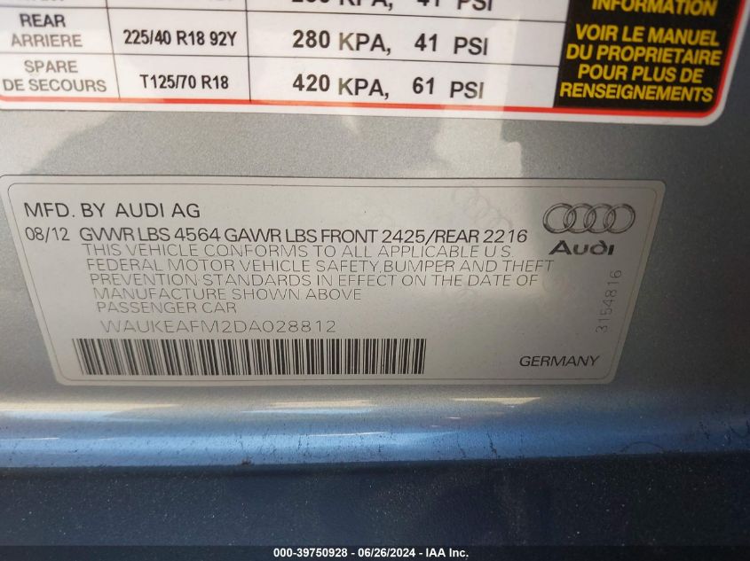 2013 Audi A3 2.0T Premium VIN: WAUKEAFM2DA028812 Lot: 39750928