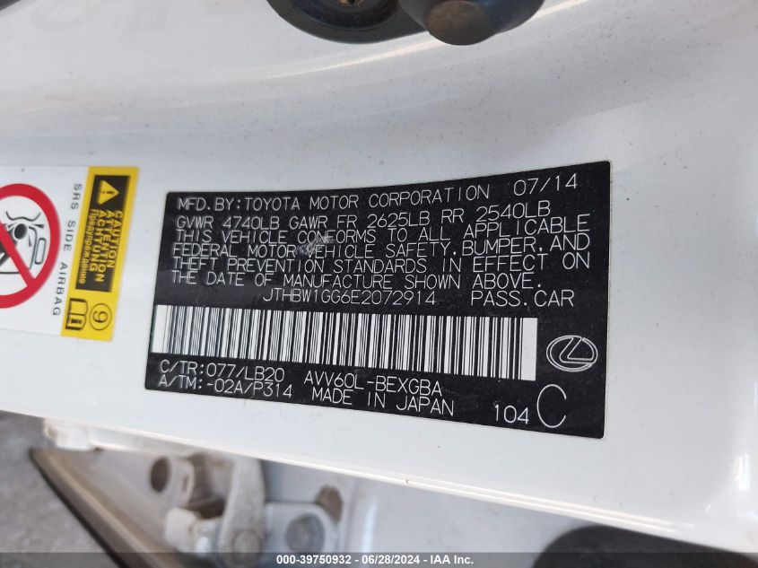 2014 Lexus Es 300H VIN: JTHBW1GG6E2072914 Lot: 39750932