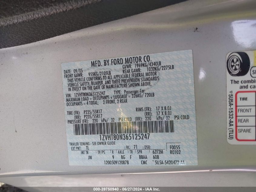 2006 Ford Mustang VIN: 1ZVHT80N365125247 Lot: 39750940