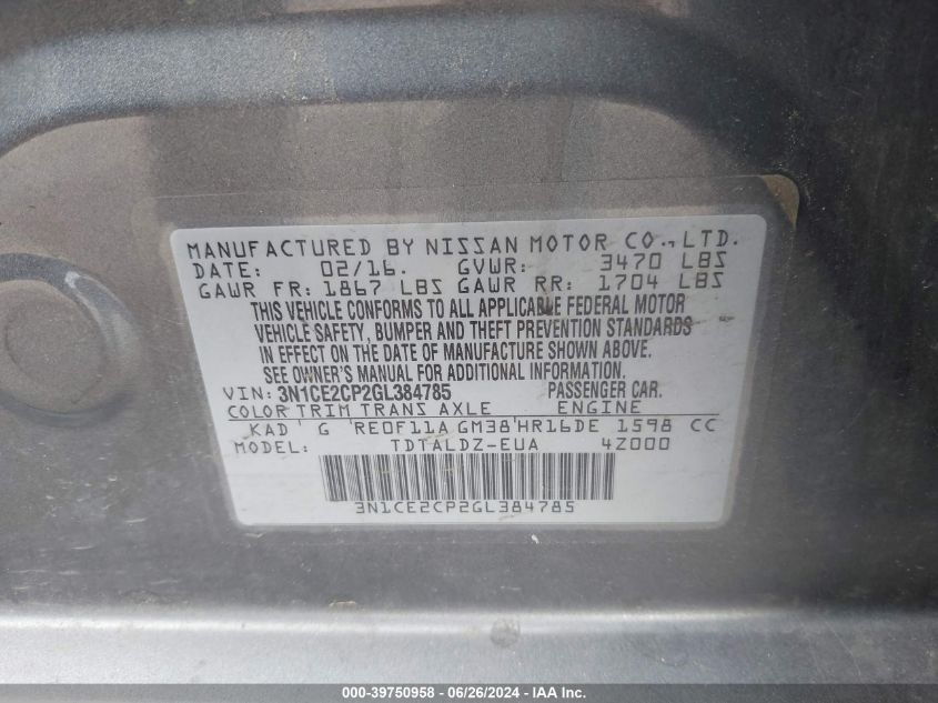 2016 Nissan Versa Note S (Sr)/S Plus/Sl/Sr/Sv VIN: 3N1CE2CP2GL384785 Lot: 39750958