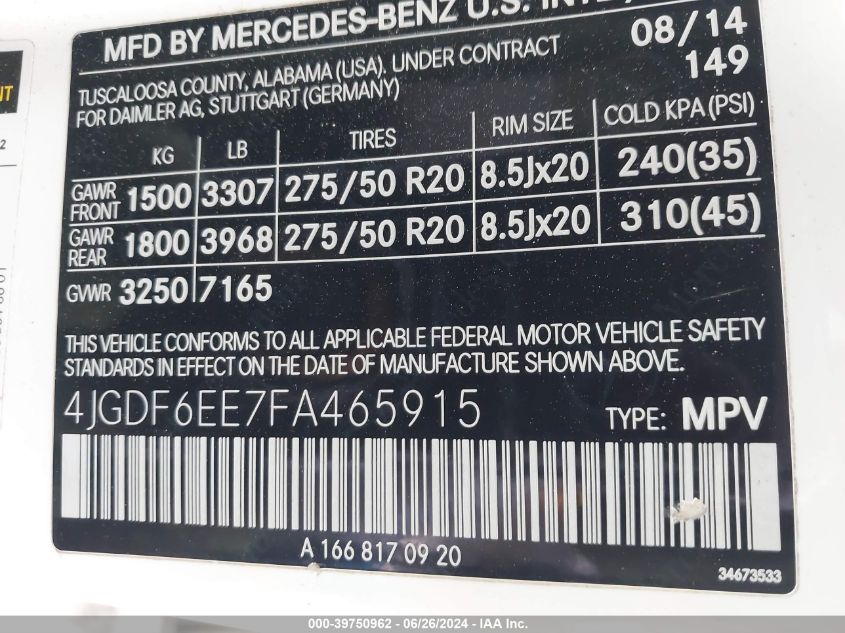 4JGDF6EE7FA465915 2015 Mercedes-Benz Gl 450 4Matic