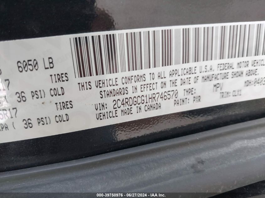 2017 Dodge Grand Caravan Sxt VIN: 2C4RDGCG1HR746570 Lot: 39750976