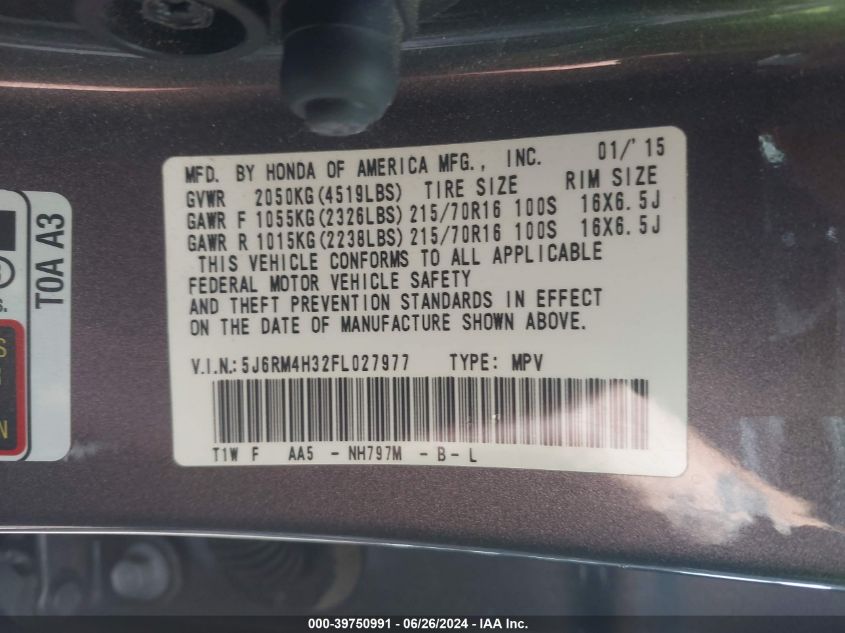 2015 Honda Cr-V Lx VIN: 5J6RM4H32FL027977 Lot: 39750991