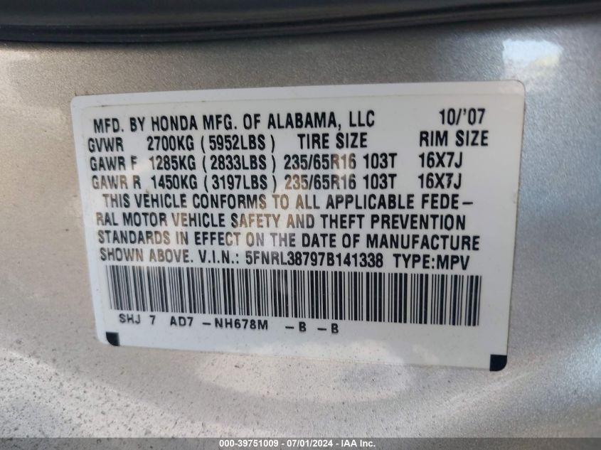 2007 Honda Odyssey Ex-L VIN: 5FNRL38797B141338 Lot: 39751009