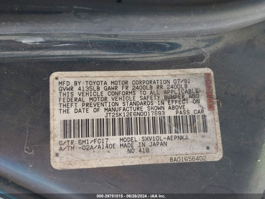 1992 Toyota Camry Le VIN: JT2SK12E6N0017693 Lot: 39751015