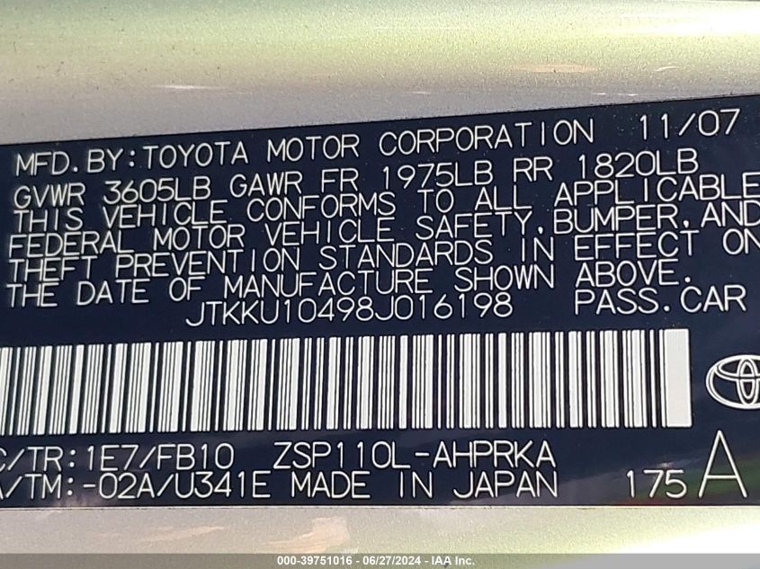 2008 Scion Xd VIN: JTKKU10498J016198 Lot: 39751016