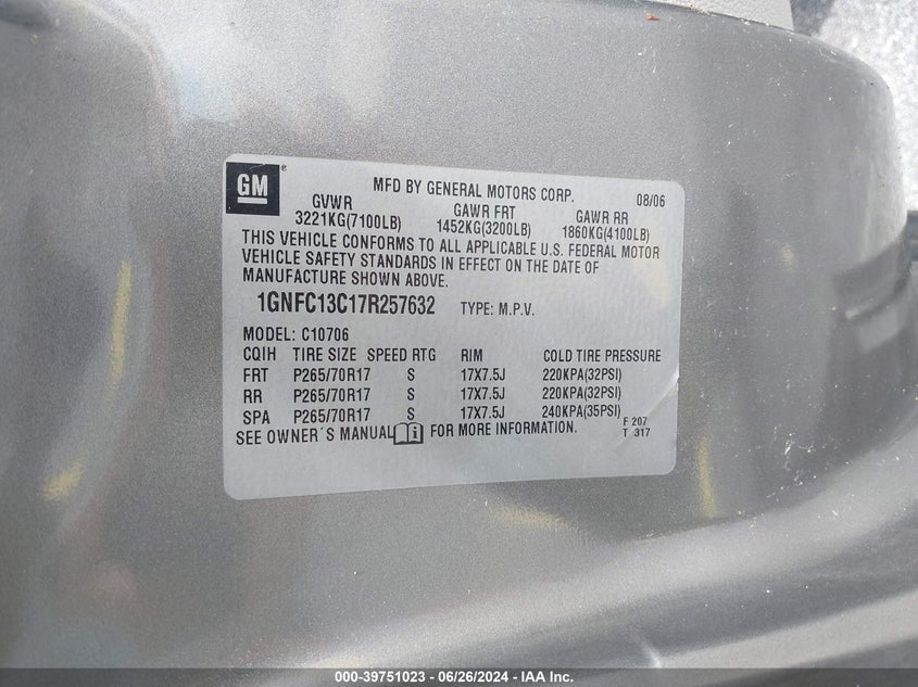 2007 Chevrolet Tahoe Ls VIN: 1GNFC13C17R257632 Lot: 39751023