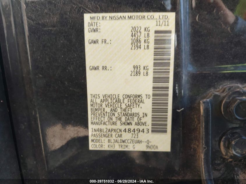 1N4BL2APXCN484943 2012 Nissan Altima 3.5 Sr