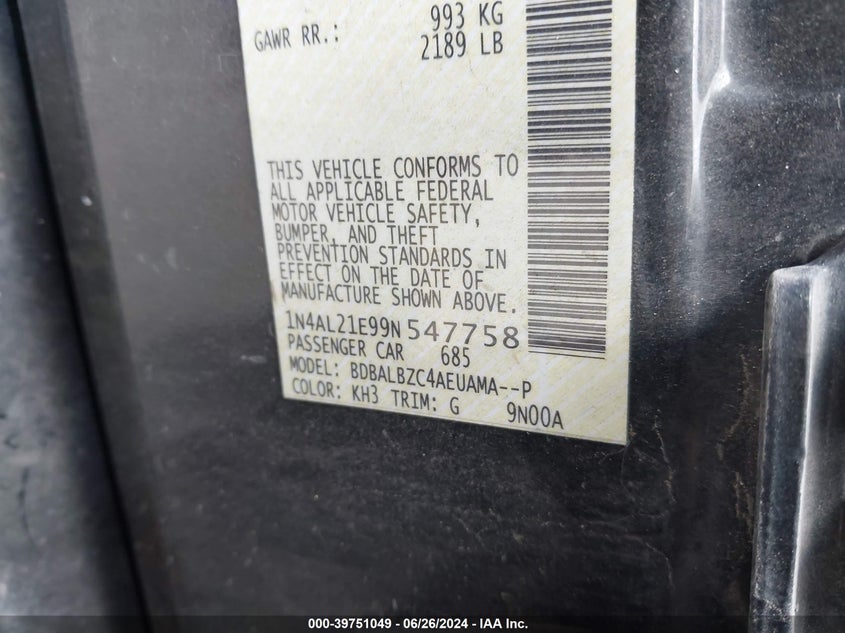 2009 Nissan Altima 2.5 S VIN: 1N4AL21E99N547758 Lot: 39751049