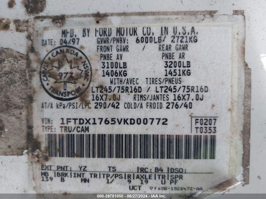 1997 Ford F-150 Lariat/Standard/Xl/Xlt VIN: 1FTDX1765VKD00772 Lot: 39751050