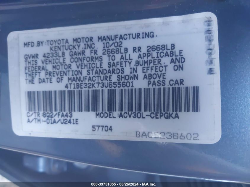 2003 Toyota Camry Xle VIN: 4T1BE32K73U655601 Lot: 39751055