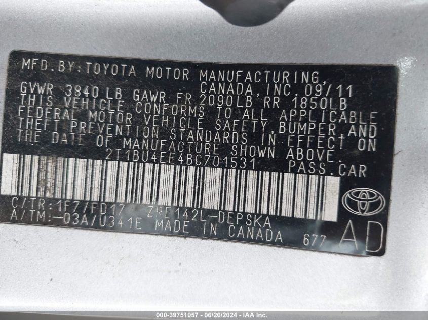 2011 Toyota Corolla S VIN: 2T1BU4EE4BC701531 Lot: 39751057