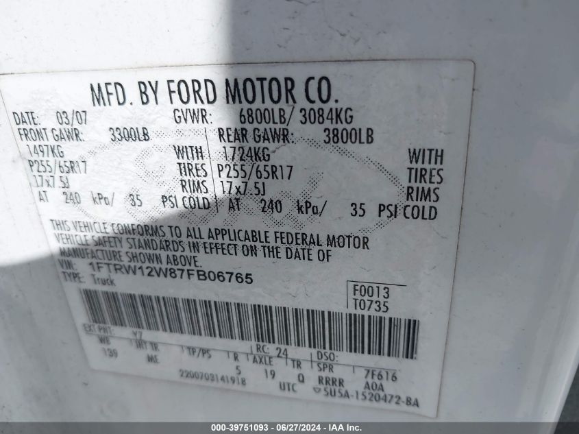 2007 Ford F-150 Xlt VIN: 1FTRW12W87FB06765 Lot: 39751093