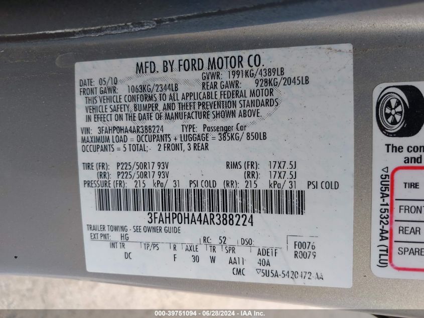 2010 Ford Fusion Se VIN: 3FAHP0HA4AR388224 Lot: 39751094