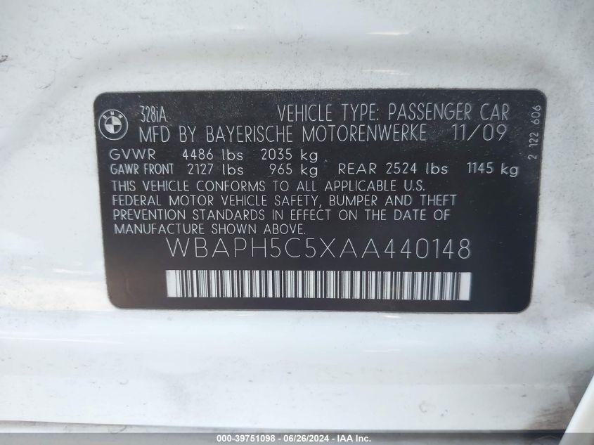 2010 BMW 328I VIN: WBAPH5C5XAA440148 Lot: 39751098