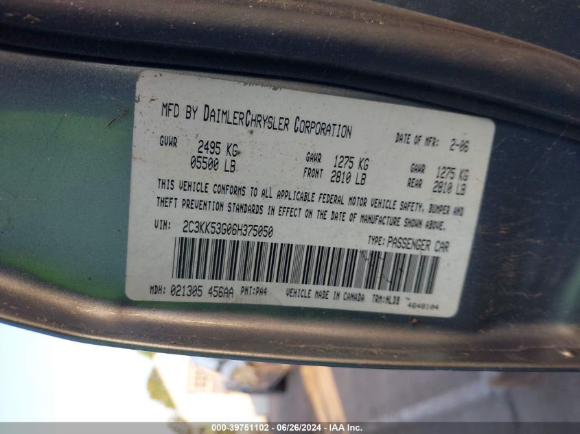 2006 Chrysler 300 Touring VIN: 2C3KK53G06H375050 Lot: 39751102
