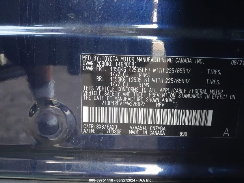 2021 Toyota Rav4 Xle/Xle Premium VIN: 2T3P1RFV1MW226827 Lot: 39751118