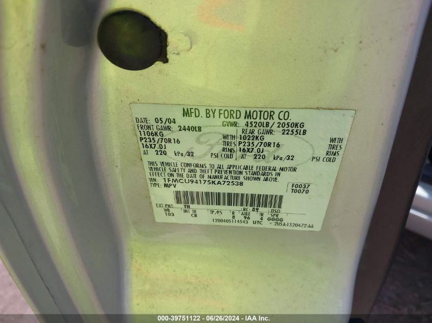 2005 Ford Escape Limited VIN: 1FMCU94175KA72538 Lot: 39751122