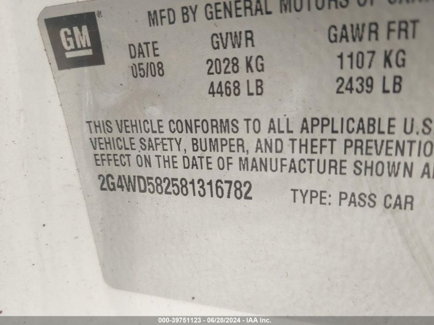 2008 Buick Lacrosse Cxl VIN: 2G4WD582581316782 Lot: 39751123