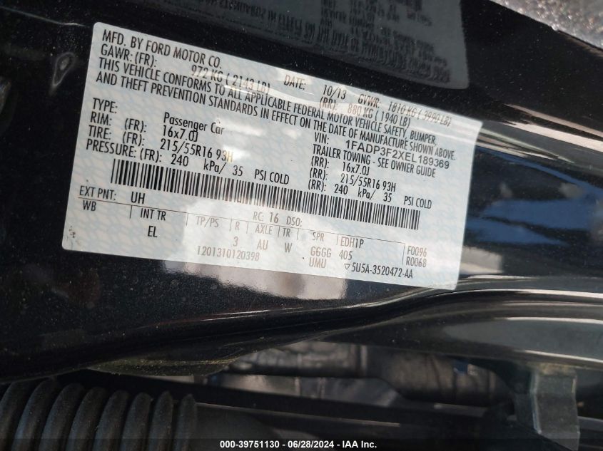 2014 Ford Focus Se VIN: 1FADP3F2XEL189369 Lot: 39751130