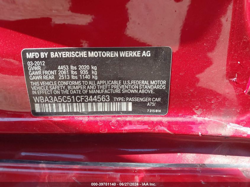 2012 BMW 328 I VIN: WBA3A5C51CF344563 Lot: 39751140
