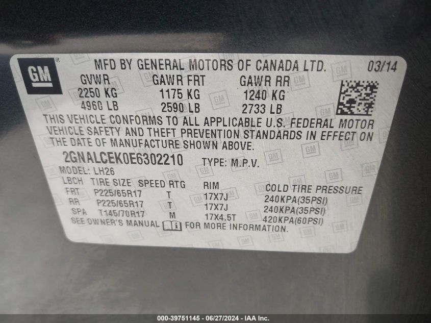 2014 Chevrolet Equinox 2Lt VIN: 2GNALCEK0E6302210 Lot: 39751145