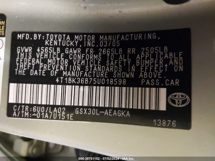 2005 Toyota Avalon Xls VIN: 4T1BK36B75U018598 Lot: 39751152