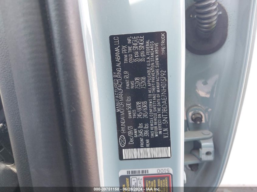 2022 HYUNDAI SANTA CRUZ SEL - 5NTJBDAE7NH013792