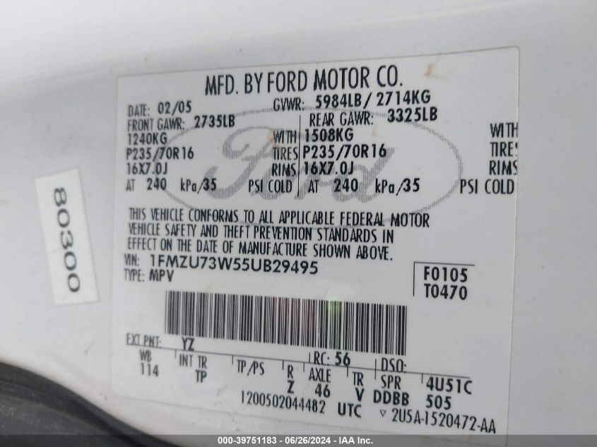 2005 Ford Explorer Xlt/Xlt Sport VIN: 1FMZU73W55UB29495 Lot: 39751183