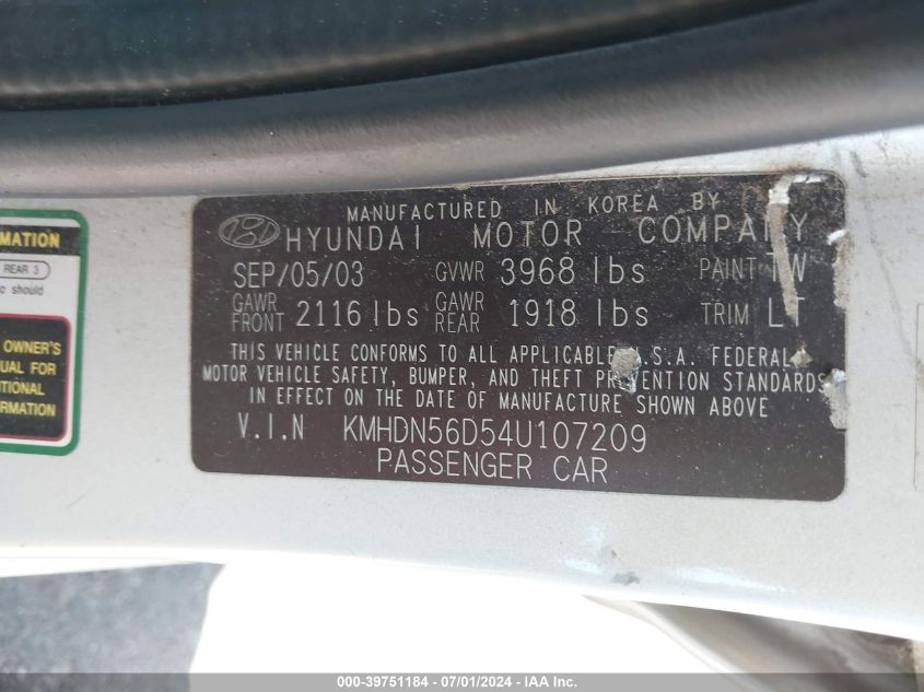 2004 Hyundai Elantra Gt VIN: KMHDN56D54U107209 Lot: 39751184