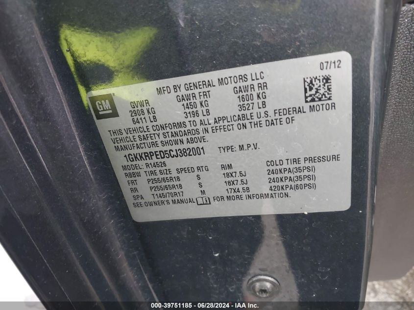2012 GMC Acadia Sle VIN: 1GKKRPED5CJ382001 Lot: 39751185