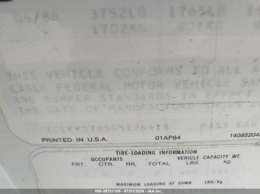 1986 Chevrolet Corvette VIN: 1G1YY0785G5126416 Lot: 39751189