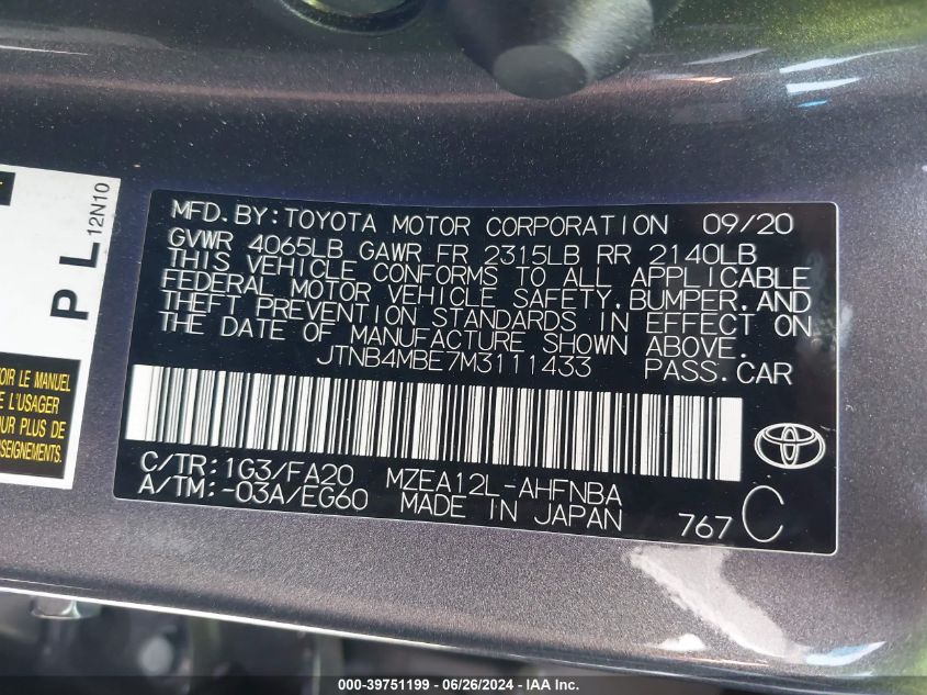 2021 TOYOTA COROLLA SE - JTNB4MBE7M3111433